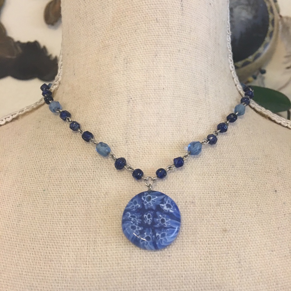 Blue glass medallion beaded chain necklace